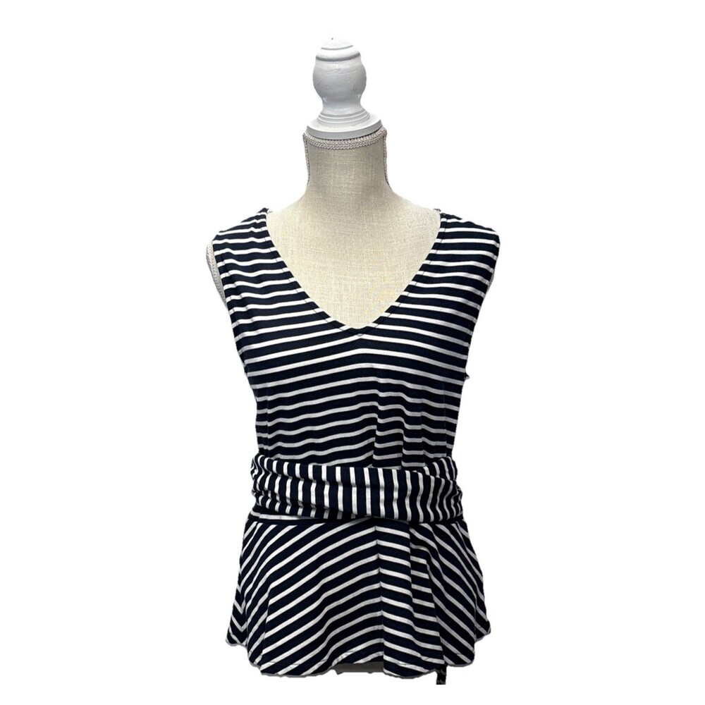 J Crew Stripe Peplum Tank Top Large Navy White Cotton Sleeveless Nautical